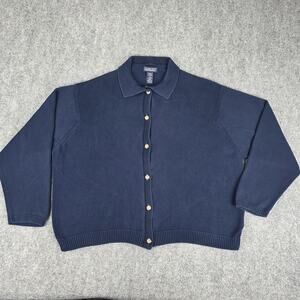 Vintage Lands End Sweater Womens XL Blue Cotton Knit Collared Cardigan USA Made